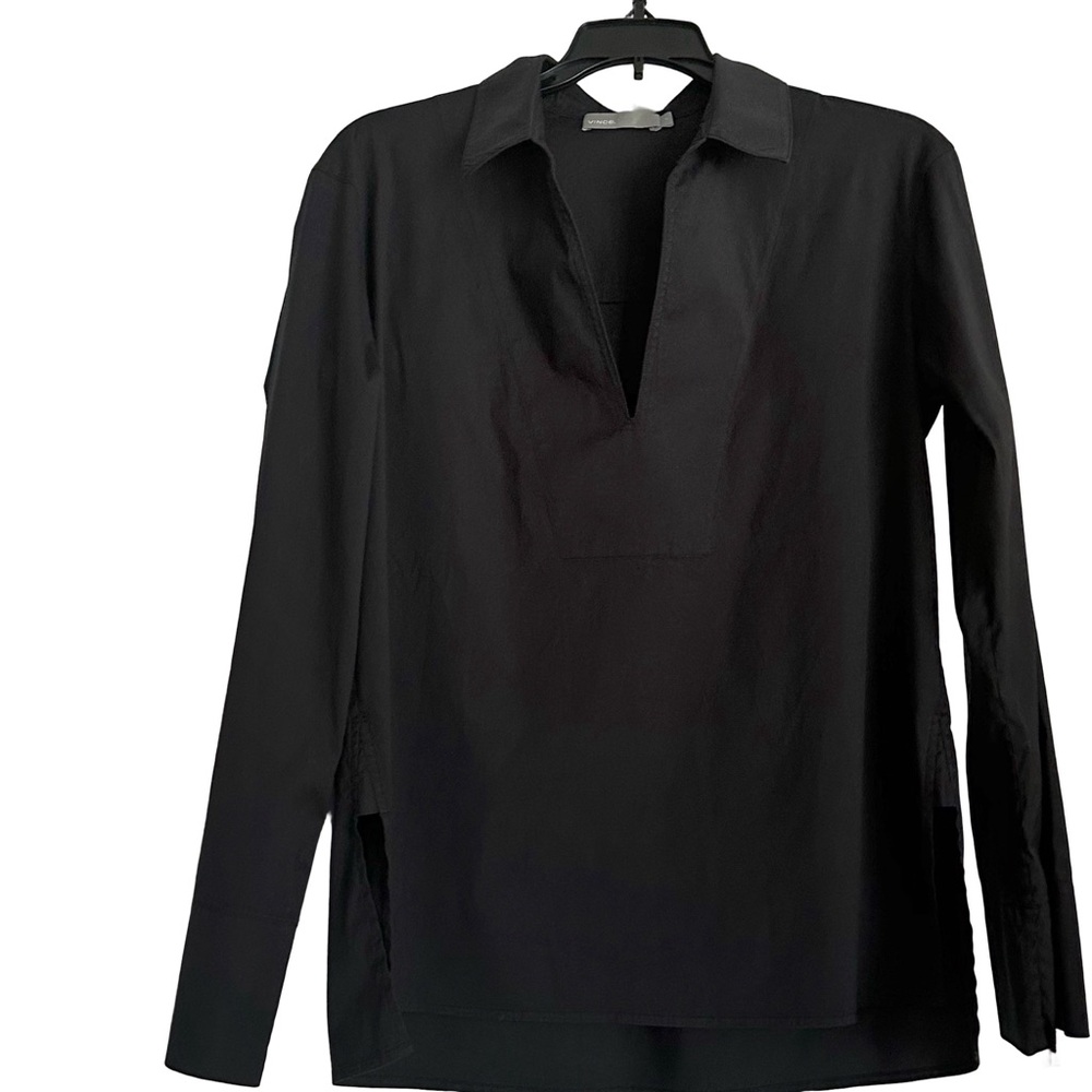 Vince Black Cotton Blend Spread Collar Split Neck Classic Blouse
